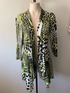 Frank Lyman Design Open Cardigan Long Longline Lime Yellow Green Animal Print